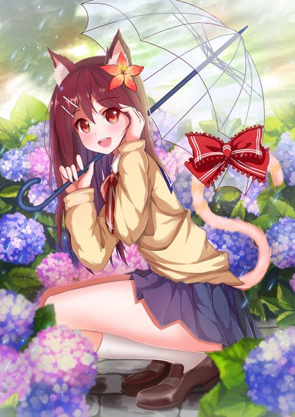 Anime picture 1000x1414 with original kyuu (chiu850513) single long hair tall image looking at viewer blush fringe open mouth smile hair between eyes brown hair sitting holding brown eyes animal ears tail :d animal tail pleated skirt
