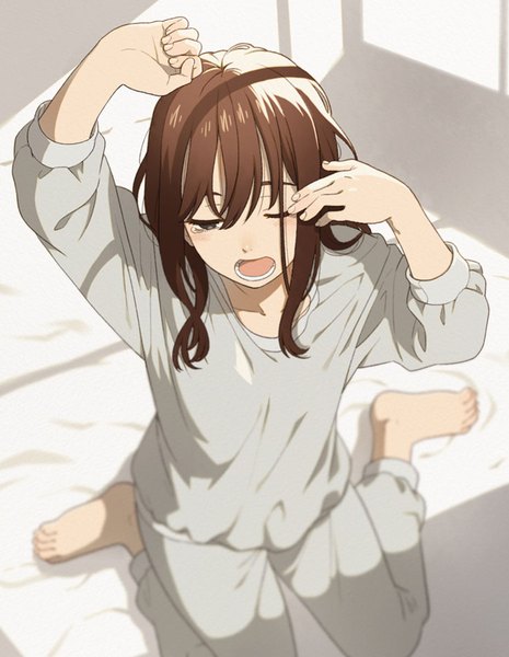 Anime picture 697x900 with original mattaku mousuke single long hair tall image fringe open mouth hair between eyes brown hair sitting brown eyes full body indoors one eye closed barefoot arm up from above wariza looking down yawn