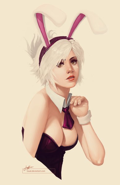Anime picture 825x1275 with league of legends riven (league of legends) battle bunny riven tsuaii single tall image looking at viewer short hair breasts light erotic simple background bare shoulders brown eyes white hair realistic lipstick girl