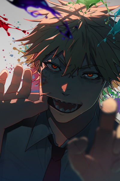 Anime-Bild 1200x1800 mit chainsaw man mappa denji (chainsaw man) pig ggul single tall image looking at viewer fringe short hair open mouth blonde hair hair between eyes red eyes upper body teeth sharp teeth finger in mouth boy necktie paint