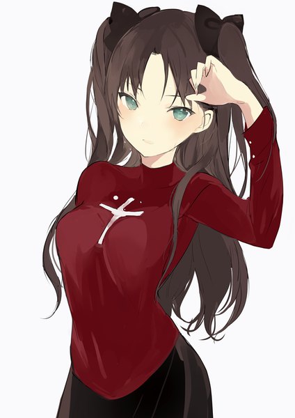 Anime picture 650x919 with fate (series) fate/stay night toosaka rin lpip single long hair tall image looking at viewer blush fringe breasts open mouth black hair simple background smile white background twintails upper body long sleeves :d