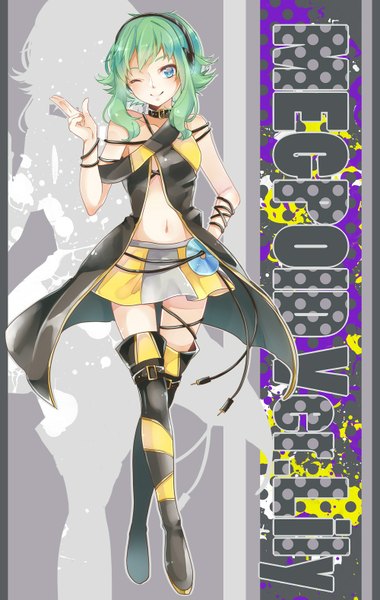 Anime picture 1000x1575 with vocaloid gumi nou single tall image blush short hair blue eyes smile bare shoulders one eye closed green hair wink hand on hip lily (cosplay) girl navel headphones thigh boots wire (wires)