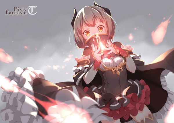 Anime picture 1414x1000 with original pixiv fantasia pixiv fantasia t ello-chan single looking at viewer fringe short hair standing yellow eyes horn (horns) grey hair girl thighhighs black thighhighs frills armor cloak fire armored dress