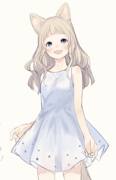 Anime picture 1329x2059 with original ikoan single long hair tall image looking at viewer blush fringe open mouth blue eyes simple background smile standing white background bare shoulders animal ears silver hair blunt bangs :d girl