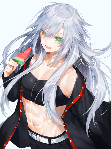 Anime picture 900x1200 with original dodome ichika waka (shark waka) single long hair tall image looking at viewer fringe open mouth light erotic simple background smile hair between eyes white background bare shoulders holding green eyes yellow eyes silver hair upper body