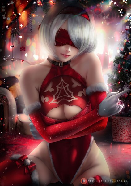 Anime picture 3532x5000 with nier nier:automata yorha no. 2 type b axsen single tall image fringe highres short hair breasts light erotic smile large breasts sitting bare shoulders signed absurdres cleavage silver hair indoors