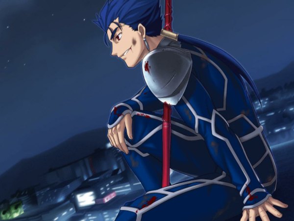 Anime picture 1024x768 with fate (series) fate/stay night fate/unlimited codes studio deen type-moon cu chulainn (fate) cu chulainn (fate/stay night) higurashi ryuuji single blue hair resizing artifacts boy blood