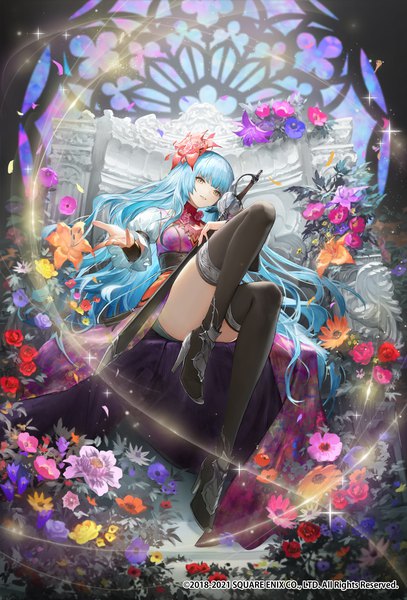 Anime picture 2440x3600 with romancing saga rocbouquet megusuri single long hair tall image looking at viewer fringe highres sitting holding yellow eyes payot blue hair full body bent knee (knees) blunt bangs parted lips head tilt hair flower