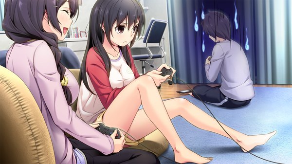 Anime picture 1280x720 with tsuisou no augment hinasaki you long hair open mouth black hair wide image multiple girls brown eyes game cg eyes closed barefoot girl boy 2 girls
