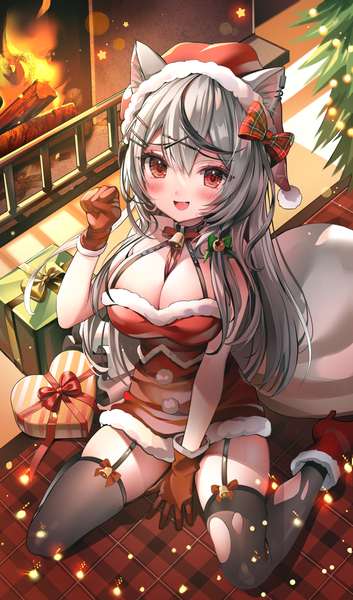 Anime picture 1177x2000 with virtual youtuber hololive sakamata chloe luna nyann single long hair tall image looking at viewer blush fringe breasts open mouth light erotic smile red eyes large breasts sitting animal ears cleavage multicolored hair