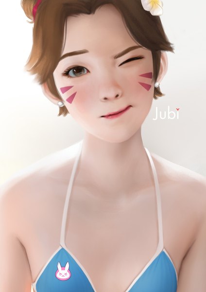 Anime-Bild 1451x2052 mit overwatch blizzard entertainment d.va (overwatch) jubi (regiana) single tall image looking at viewer highres short hair light erotic smile brown hair brown eyes signed head tilt one eye closed wink lipstick facial mark cropped