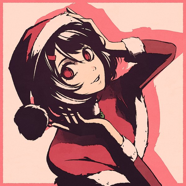 Anime picture 1080x1080 with original moshimoshibe single fringe short hair black hair simple background smile red eyes looking away upper body long sleeves parted lips dutch angle fur trim border outside border adjusting hat polychromatic girl