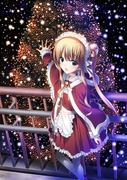 Anime picture 1157x1637 with original suzume inui long hair tall image open mouth blue eyes blonde hair twintails outstretched arm christmas girl apron christmas tree