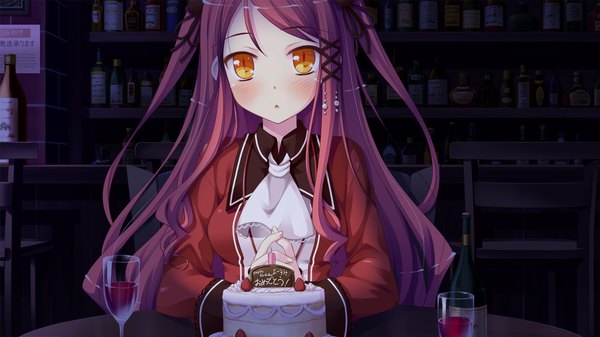 Anime picture 1280x720 with witch's garden hinomiya ayari ko~cha single long hair blush wide image yellow eyes game cg red hair two side up girl uniform hair ornament school uniform sweets x hair ornament cake