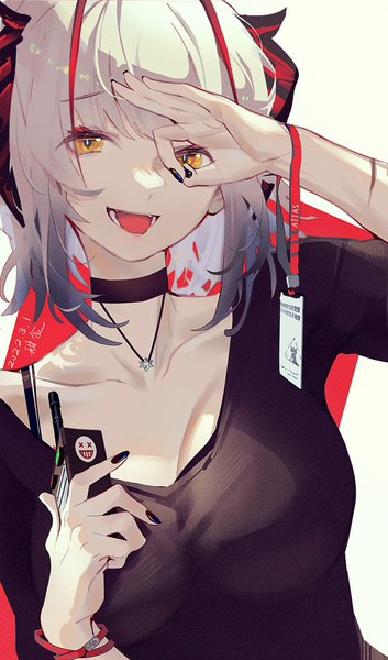 Anime-Bild 588x1000 mit arknights w (arknights) atianshi single tall image looking at viewer short hair breasts open mouth large breasts yellow eyes cleavage silver hair upper body nail polish :d horn (horns) dated black nail polish ok sign