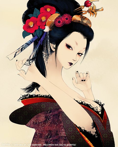 Anime picture 700x873 with original takenaka single tall image breasts black hair simple background bare shoulders cleavage nail polish traditional clothes japanese clothes hair flower fingernails black eyes lipstick eyebrows eyeshadow black lipstick girl
