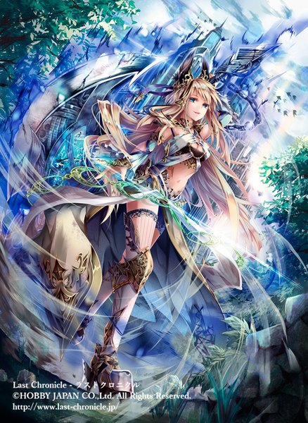 Anime picture 585x800 with last chronicle tyouya single long hair tall image blue eyes blonde hair animal ears looking away girl thighhighs dress navel hair ornament plant (plants) tree (trees) armor