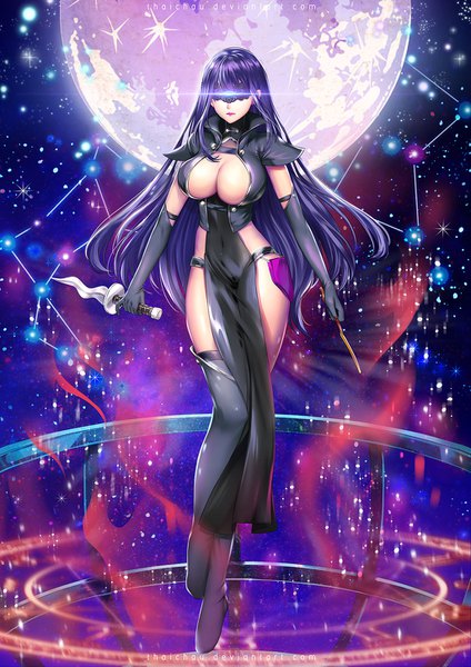 Anime picture 1024x1448 with original riiya (mabong1989) single long hair tall image fringe breasts light erotic large breasts holding signed cleavage purple hair full body night night sky sideboob covered navel side slit flying