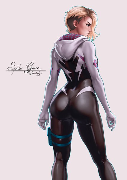 Anime picture 850x1202 with marvel comics gwen stacy spider-gwen dandon fuga single tall image short hair blue eyes light erotic simple background blonde hair signed looking away ass profile from behind realistic character names piercing eyebrows