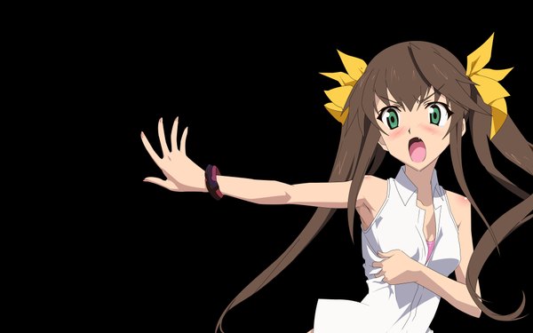 Anime picture 4000x2500 with infinite stratos 8bit fang linyin long hair blush highres open mouth simple background brown hair wide image twintails green eyes absurdres teeth fang (fangs) hand on chest black background vector partially open clothes girl