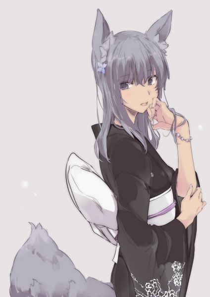 Anime-Bild 1157x1636 mit original touma raito single long hair tall image fringe open mouth simple background standing animal ears looking away tail traditional clothes japanese clothes animal tail looking back hair flower fingernails grey hair grey background