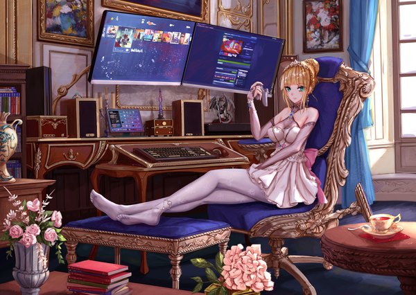 Anime picture 2000x1420 with original steam (platform) yuzuriha (artist) single looking at viewer blush fringe highres short hair breasts blonde hair sitting bare shoulders holding payot full body indoors blunt bangs braid (braids) arm up