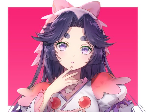 Anime picture 1000x766 with sarazanmai azuma sara araratake single long hair fringe open mouth simple background purple eyes purple hair head tilt lipstick border portrait eyebrows pink background pink lipstick hand to mouth girl bow