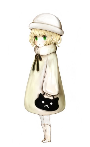 Anime picture 784x1280 with original mari (milkuro-cat) single tall image blush short hair blonde hair simple background standing white background green eyes looking away pale skin girl bow hat boots bag coat