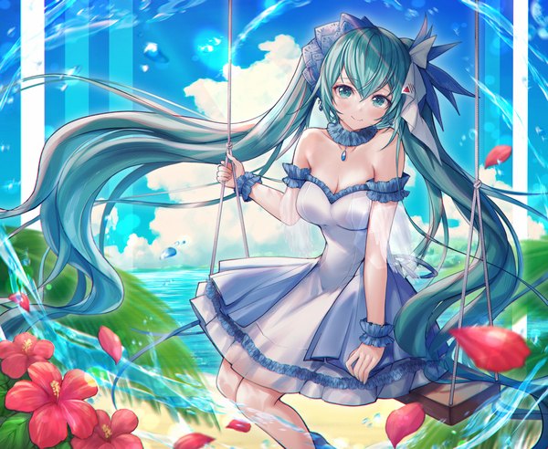 Anime picture 1950x1600 with vocaloid hatsune miku mirukurim single long hair looking at viewer blush fringe highres breasts smile hair between eyes sitting twintails bare shoulders sky cloud (clouds) outdoors aqua eyes off shoulder
