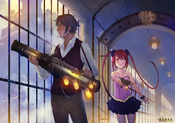 Anime picture 1200x847 with original ariver kao long hair blush short hair black hair red eyes twintails red hair girl dress boy weapon window