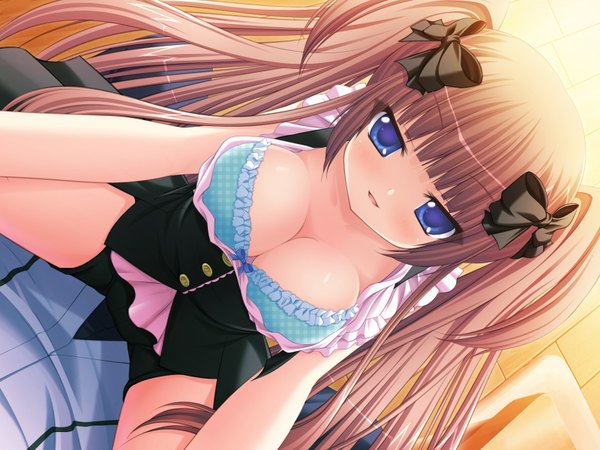 Anime picture 1600x1200 with deliverer! (game) kujou aya long hair breasts blue eyes light erotic brown hair twintails game cg girl