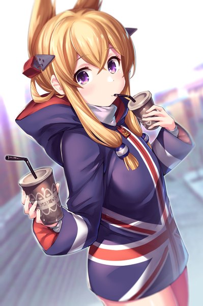 Anime picture 1144x1718 with azur lane warspite (azur lane) akanagi youto single long hair tall image looking at viewer blush fringe blonde hair hair between eyes standing purple eyes holding animal ears payot outdoors long sleeves blurry dutch angle