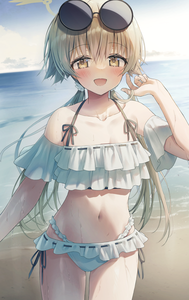 Anime picture 1259x2000 with blue archive hifumi (blue archive) hifumi (swimsuit) (blue archive) kuro futoshi single long hair tall image looking at viewer blush fringe open mouth blonde hair hair between eyes twintails yellow eyes sky :d wet beach low twintails