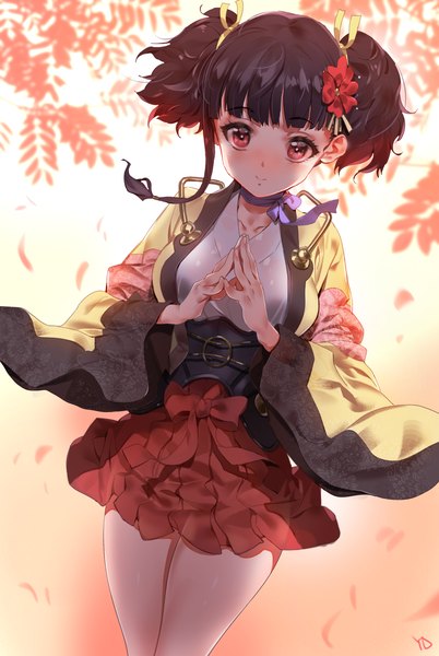 Anime picture 1500x2238 with koutetsujou no kabaneri wit studio mumei (kabaneri) yd (orange maru) single tall image blush fringe short hair breasts black hair smile red eyes twintails signed long sleeves traditional clothes japanese clothes pleated skirt hair flower