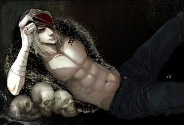 Anime picture 1405x960 with original 4-th (artist) single short hair lying open clothes open shirt black background boy fur ring bandage (bandages) skull
