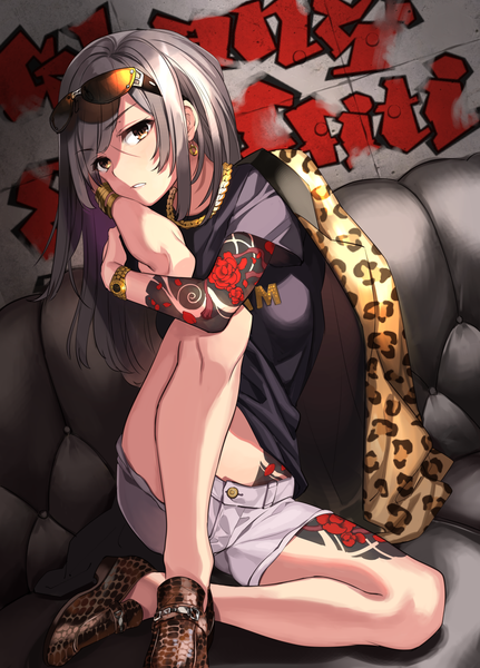 Anime picture 1000x1390 with original comeo single long hair tall image looking at viewer fringe breasts sitting yellow eyes payot full body indoors parted lips grey hair tattoo sunglasses on head clothes on shoulders hand on face animal print