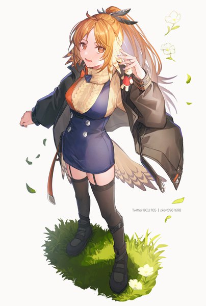 Anime picture 808x1200 with arknights pinecone (arknights) coyucom single long hair tall image looking at viewer open mouth standing brown eyes signed full body ponytail tail :d from above orange hair twitter username girl thighhighs