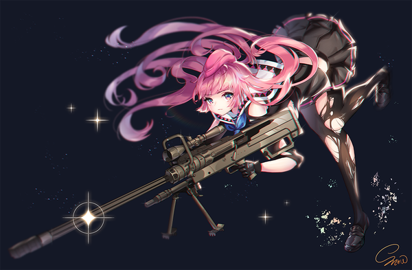 Anime picture 1000x655 with girls frontline ntw-20 (girls frontline) snow is long hair looking at viewer blush simple background standing signed pink hair pleated skirt blurry sparkle leaning leaning forward floating hair standing on one leg dark background leg lift (legs lift) multicolored eyes