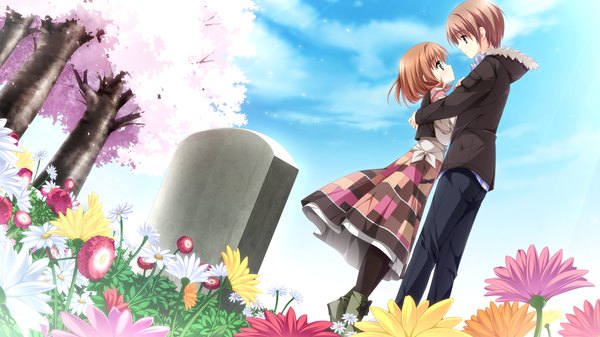 Anime picture 2560x1440 with otome ga tsumugu koi no canvas inui yuki kimishima ao blush highres short hair brown hair wide image green eyes game cg couple hug cherry blossoms girl boy flower (flowers) plant (plants) tree (trees) tombstone