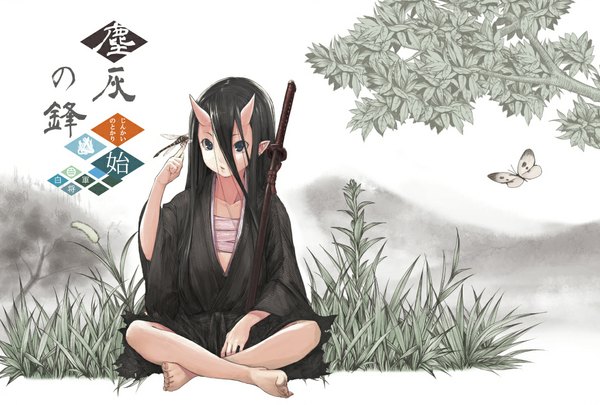 Anime picture 1105x746 with original shiro shougun single long hair fringe breasts open mouth blue eyes black hair sitting looking away outdoors traditional clothes japanese clothes barefoot horn (horns) pointy ears inscription crossed legs torn clothes