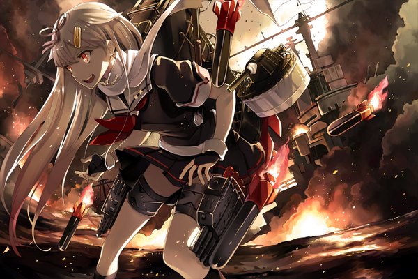 Anime picture 1350x900 with kantai collection yuudachi destroyer hao (patinnko) single long hair open mouth red eyes white hair smoke remodel (kantai collection) girl skirt weapon scarf sailor suit