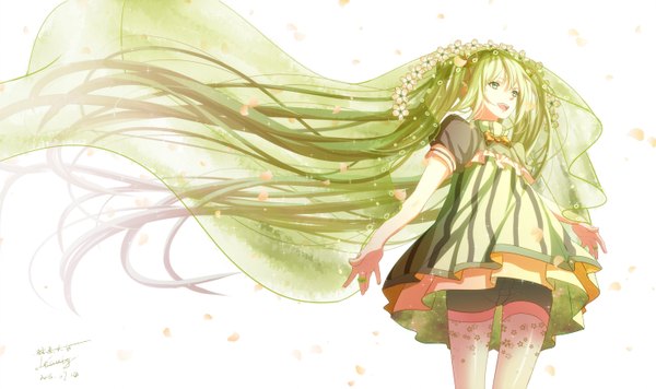 Anime picture 1476x876 with vocaloid hatsune miku anhei dabai single fringe open mouth simple background hair between eyes wide image white background twintails green eyes signed looking away very long hair green hair wind zettai ryouiki dated girl