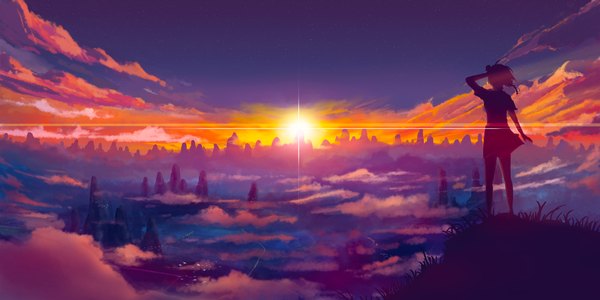 Anime picture 1920x960 with original jakejk single highres short hair wide image sky cloud (clouds) wind from behind sunlight evening sunset mountain hand on head landscape scenic silhouette girl skirt