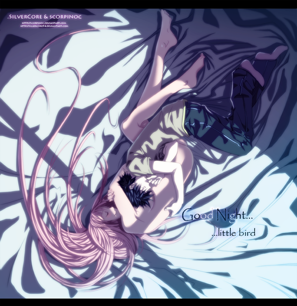 Anime picture 1000x1031 with air gear toei animation minami itsuki simca silvercore94 tall image blush short hair light erotic black hair smile pink hair lying eyes closed very long hair barefoot inscription hug coloring finger to mouth