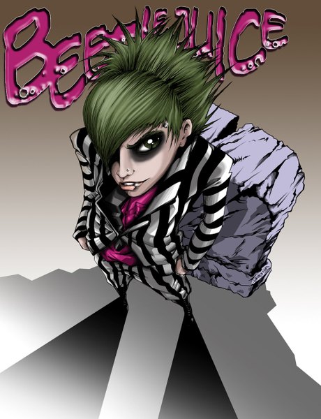 Anime picture 1024x1334 with beetlejuice beetlejuice (character) jan-ilu (artist) single tall image looking at viewer fringe short hair simple background standing green eyes green hair light smile hair over one eye shadow piercing striped alternate hairstyle hands in pockets boy