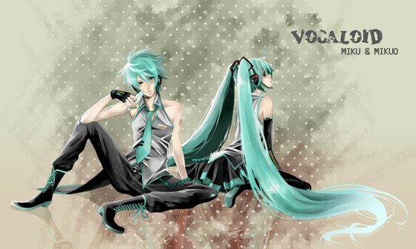 Anime picture 1500x900 with vocaloid hatsune miku hatsune mikuo moneko (artist) long hair short hair wide image twintails bare shoulders green eyes nail polish green hair tattoo girl boy gloves necktie headphones microphone disk