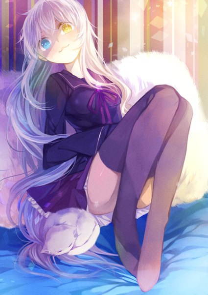 Anime picture 980x1385 with k-project gohands (studio) neko (k project) koyuiko single long hair tall image looking at viewer fringe breasts smile silver hair pleated skirt heterochromia knees touching thighhighs skirt uniform ribbon (ribbons) black thighhighs