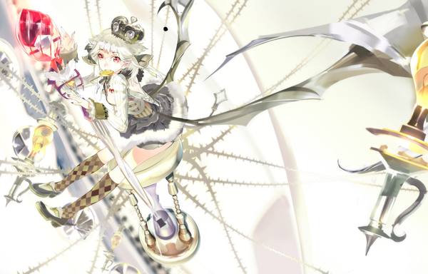 Anime picture 1600x1024 with original 119 single short hair red eyes white hair nail polish pointy ears mouth hold bat wings girl dress food sweets knee socks clock staff crown thorns light bulb