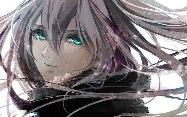 Anime picture 800x500 with vocaloid hatsune miku hebi (yurari) single long hair looking at viewer fringe simple background white background twintails aqua eyes light smile lips grey hair close-up girl
