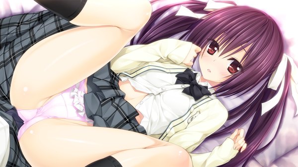 Anime picture 1280x720 with pretty x cation hibiki works sakura asagiri single long hair looking at viewer blush light erotic black hair red eyes wide image twintails game cg girl skirt uniform underwear panties ribbon (ribbons) bow